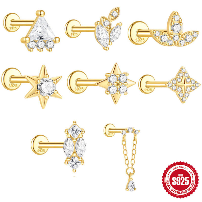 S925 Sterling Silver Geometric Hexagram Diamond-Studded Classic Flat Head Threaded Piercing Ear Bone Stud European and American Hot-Selling Diamond-Studded Earrings