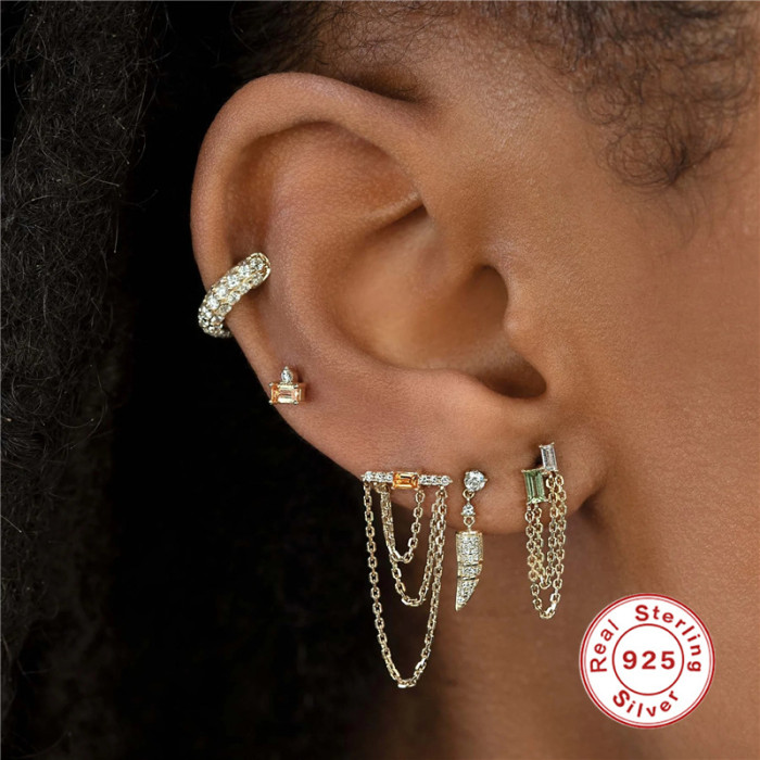 S925 Sterling Silver Diamond-Studded Tassel Chain Earrings Hip-Hop Mini Studs European and American Hot-Selling Street Style INS Ear Thread Earrings
