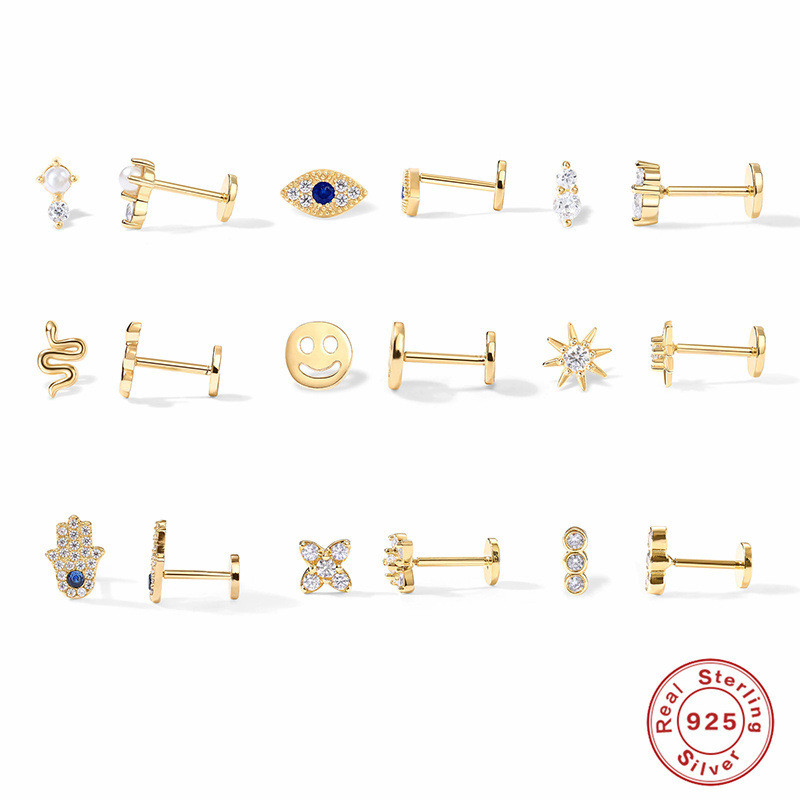 S925 Sterling Silver Diamond-Encrusted Devil's Eye Flat Head Threaded Piercing Cartilage Earrings Personality Little Snake Smiley Face Ear Bone Studs for Women
