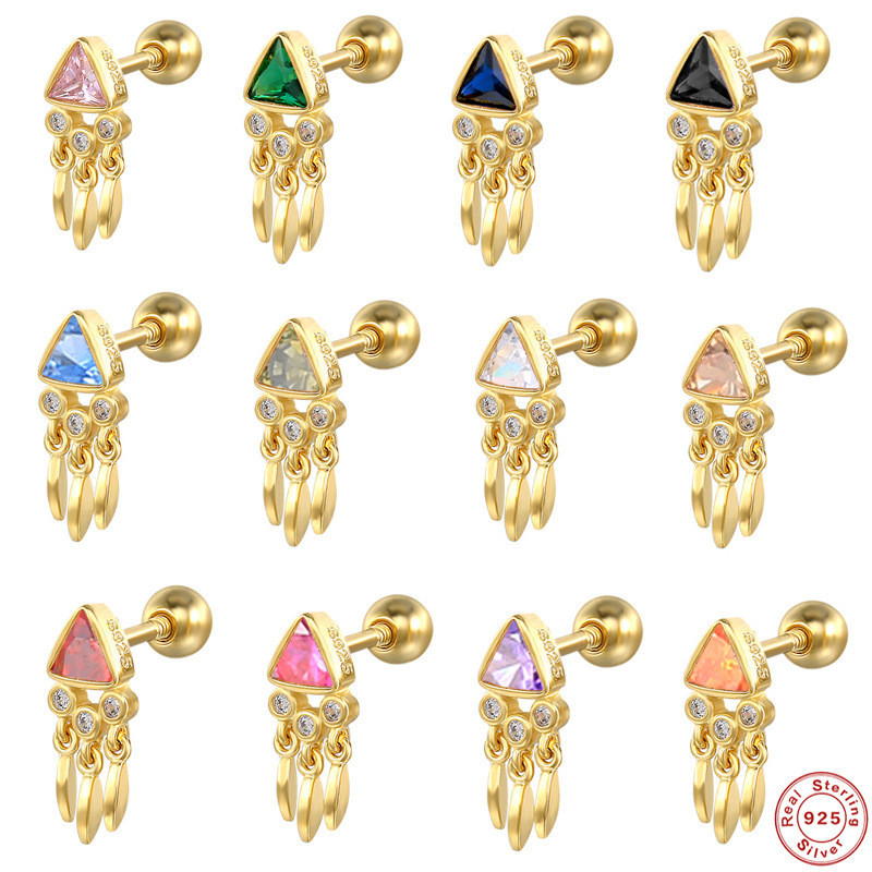S925 Sterling Silver Mini Triangle Tassel Zircon Spiral Cartilage Earrings European and American Creative Versatile Personality Piercing Earrings