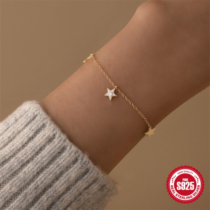New S925 Sterling Silver Star Pendant Bracelet for Women, European and American Hot-Selling Multi-Layer Stacking Accessories, Diamond-Studded Bracelet Jewelry