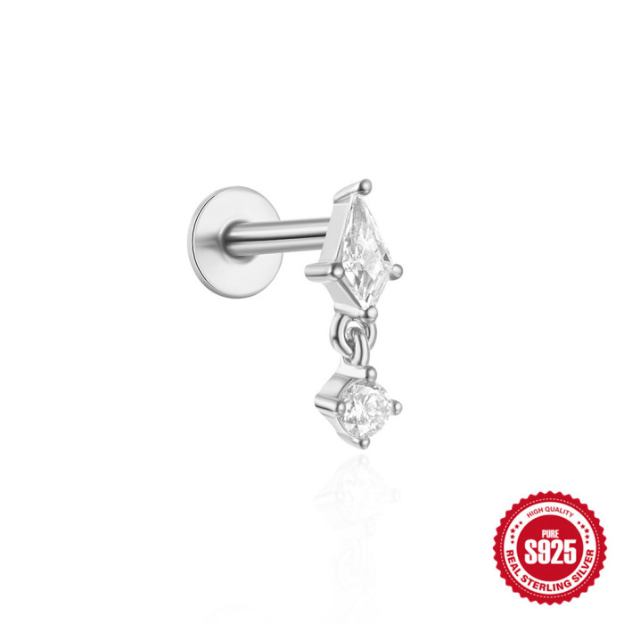 New 925 Sterling Silver Diamond-Studded Tassel Piercing Threaded Flat Ear Bone Stud Earrings European and American Hot-Selling Ins Style Ear Jewelry