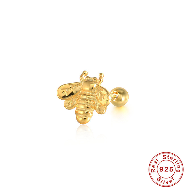 S925 Sterling Silver Fun Bee Insect Body Piercing Jewelry Threaded Earrings Pierced Ear Bone Studs Ear Cartilage Earrings