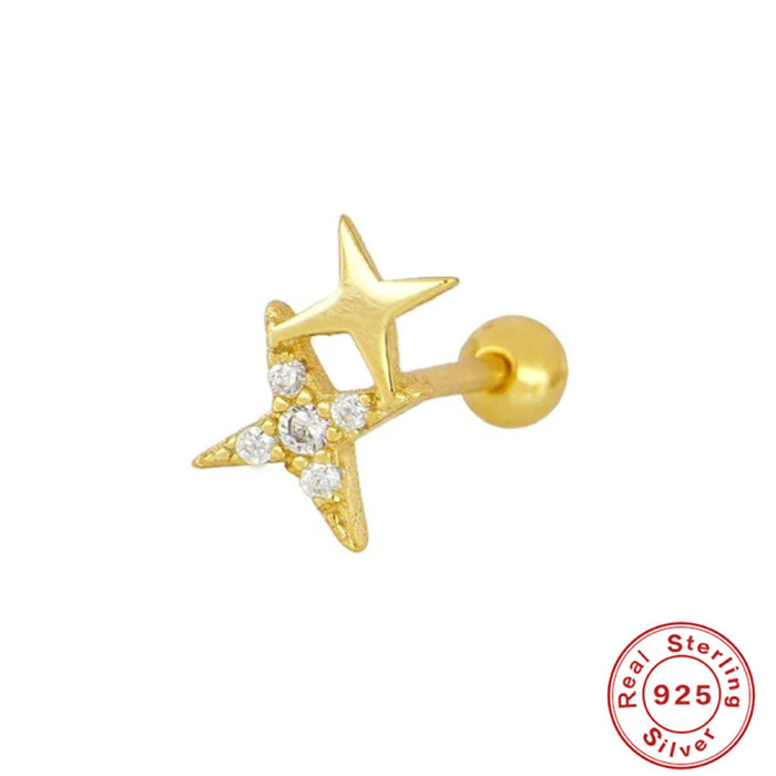 S925 Sterling Silver Geometric Star Inlaid Diamond Soft Bone Piercing Stud Earrings Fashion Simple Threaded Ear Bone Stud