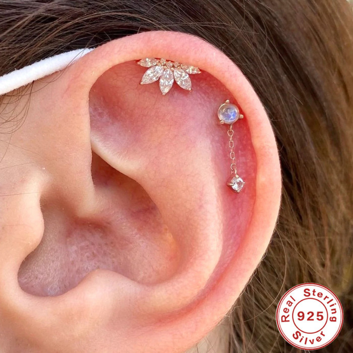 S925 Sterling Silver Crown Inlaid Diamond Marquise Round Ball Threaded Piercing Earrings for Women European and American Cross-Border Hot Selling Elegant Ear Bone Studs