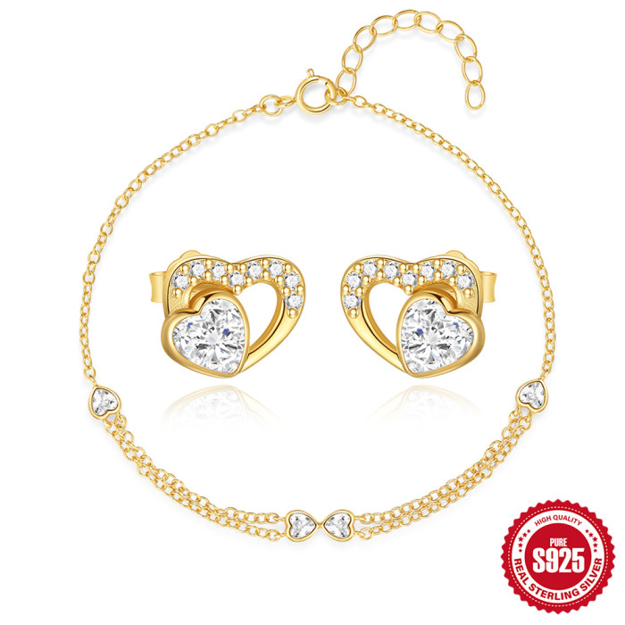 S925 Sterling Silver Heart Zircon Bow Double Layer Bracelet Earring Set European and American Hot Selling Diamond-Encrusted High-End Jewelry