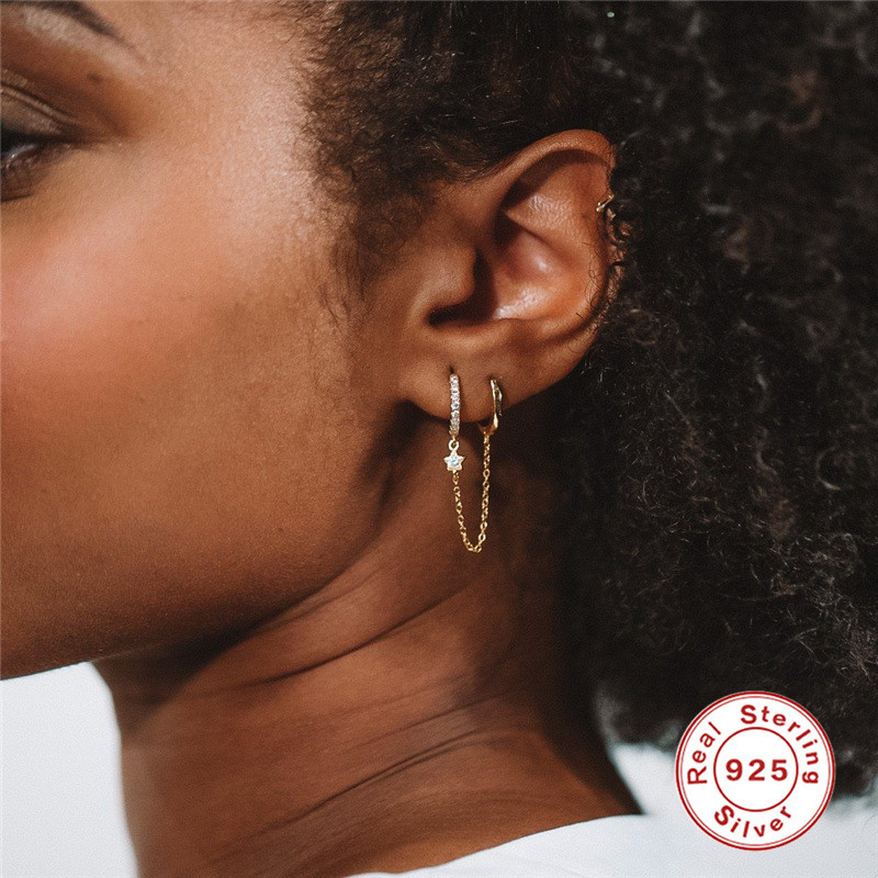 S925 Sterling Silver Double Hoop Chain Connected Five-Pointed Star Inlaid Diamond Pendant Hoop Earrings European and American Trendy Exaggerated Ear Jewelry