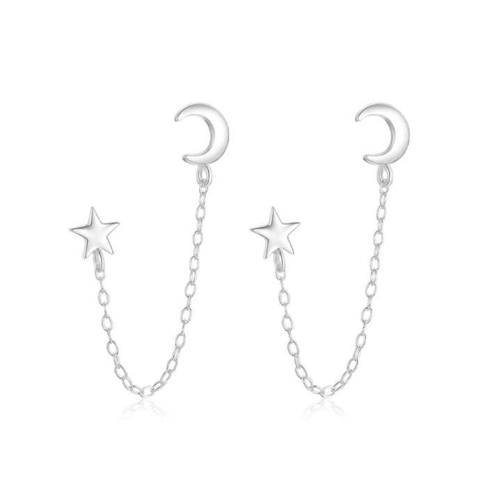 S925 Sterling Silver Versatile Star Moon Chain Tassel Earrings Korean Style Xiaohongshu Hot-Selling Earrings for Women