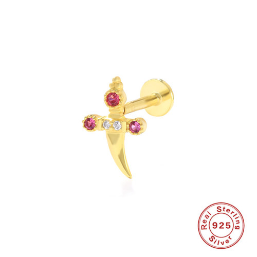 S925 Sterling Silver INS Inlaid Diamond Small Dagger Threaded Stud Piercing Ear Jewelry European and American Hot-Selling Personality Creative Style Earrings