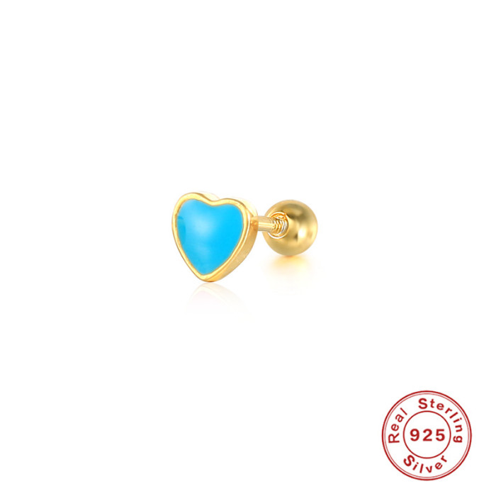 S925 Sterling Silver Classic Heart-shaped Oil Drop Glaze Piercing Jewelry Threaded Earrings Enamel Piercing Ear Bone Stud Earrings for Women