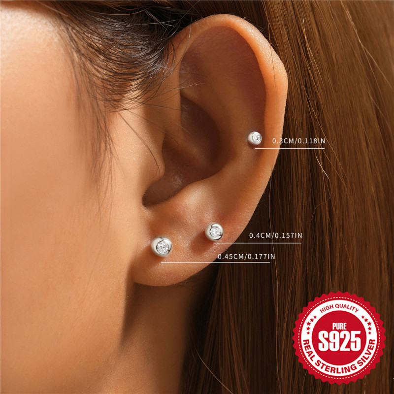 New 25 Sterling Silver Bead Inlaid Diamond Round Bead Earrings Set European and American Hot-Selling Elegant Ins Style Earrings Accessories