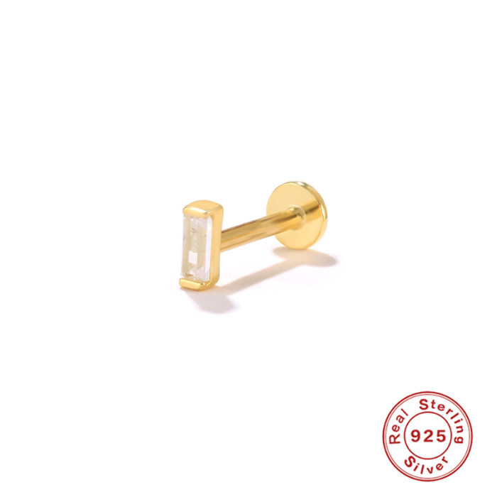 S925 Sterling Silver INS Simple Square Inlaid Diamond Piercing Earrings European and American Flat Head Threaded Body Piercing Cartilage Studs