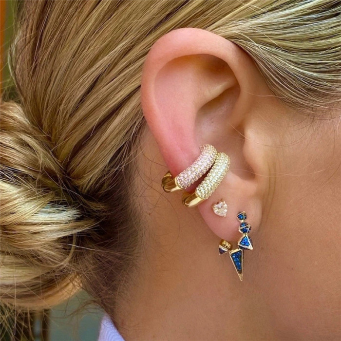 INS Style Fashion C-Shaped Luxurious Fully Stone-Set Versatile Ear Cuff Earrings Without Piercing Stone-Inlaid Super S...