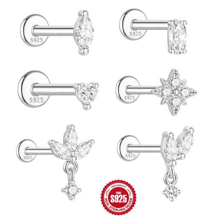 S925 Sterling Silver Ultra Sparkling Moissanite Geometric Flat Head Threaded Piercing Ear Bone Stud Korean Version Niche Light Luxury Earrings