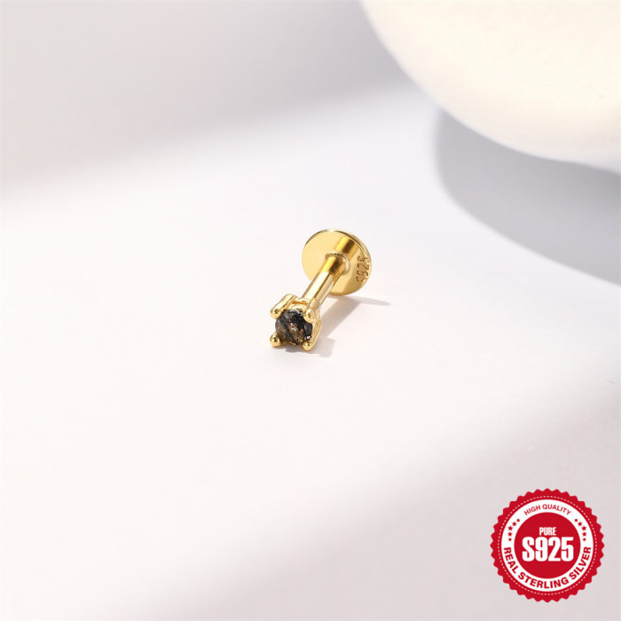 S925 Sterling Silver Horse Eye Tassel Black Rutilated Quartz Natural Stone Flat Head Threaded Piercing Ear Bone Stud European and American Hot Selling Ear Jewelry