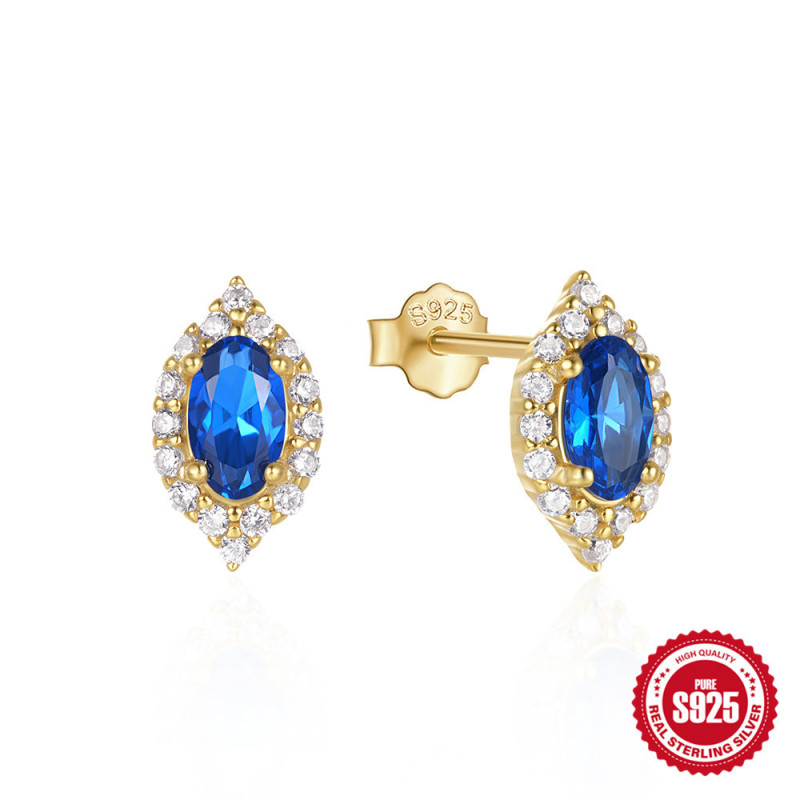 925 Sterling Silver 18K Gold Plated Blue Spinel Stud Earrings European and American Light Luxury Simple Retro Versatile Elegant Earrings Accessories