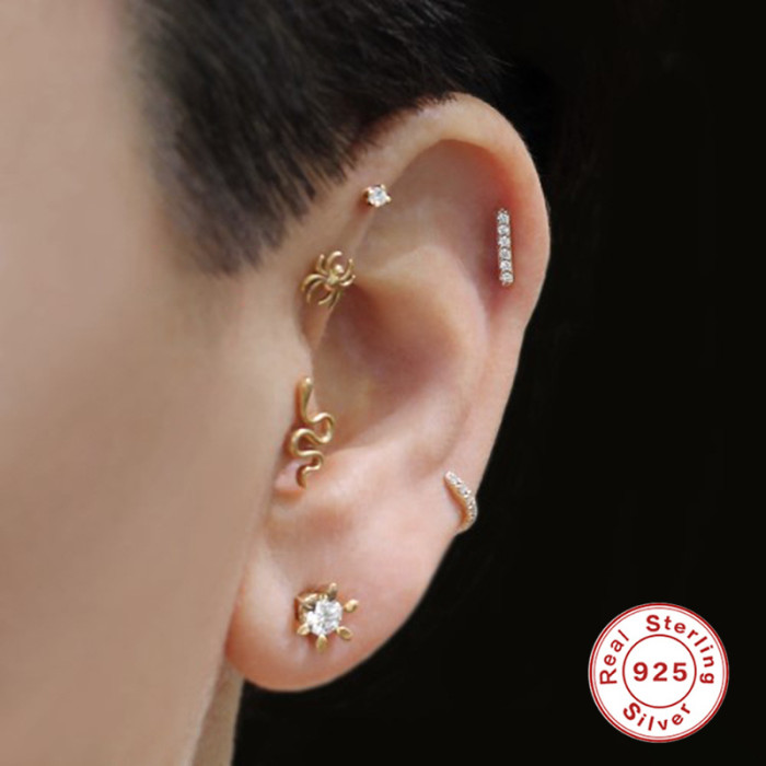 S925 Sterling Silver Punk Hip-Hop Spider Body Piercing Jewelry Soft Cartilage Threaded Earrings Elegant Ear Bone Stud Earrings for Women