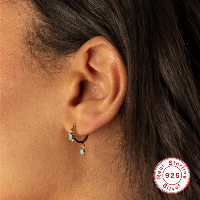 S925 Sterling Silver Turquoise Inlaid Diamond Ear Cuff Hoop Earrings European American French Style Elegant Personality INS Trendy Ear Jewelry