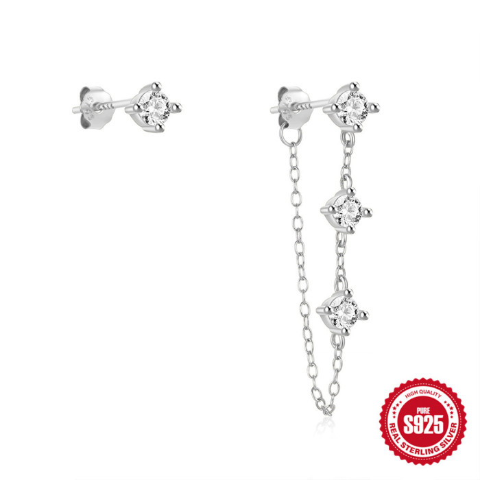 New S925 Sterling Silver Four-Prong Inlaid Diamond Asymmetric Chain Tassel Earrings Korean Style Light Luxury Elegant Earrings for Women