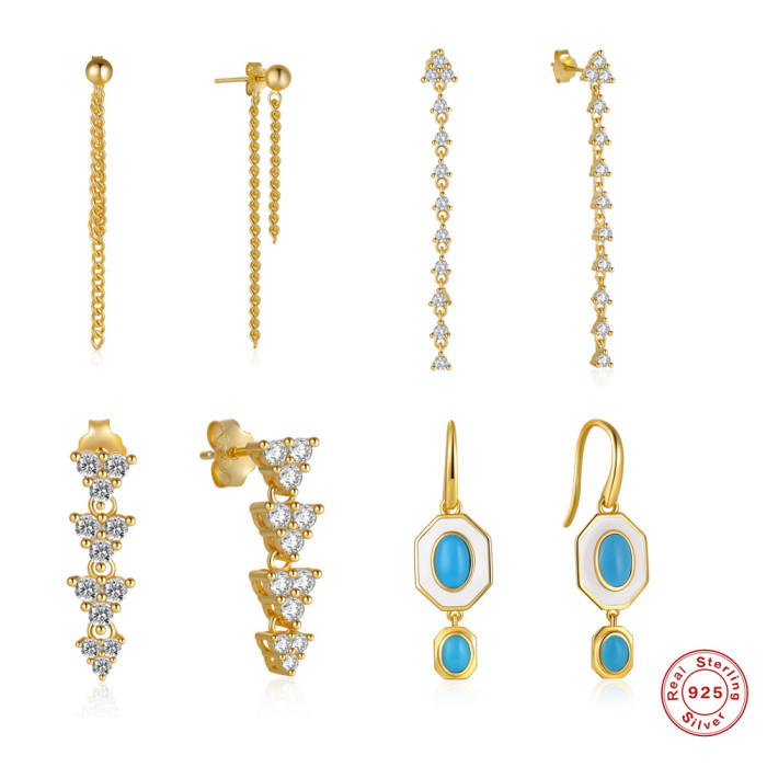 S925 Sterling Silver INS Style Round Ball Earrings with Diamond Inlay Chain Triangle Tassel Earrings European and American Retro Style Elegant Earrings