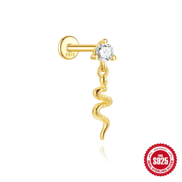 S925 Sterling Silver Fun Little Snake Inlaid Diamond Star Flat Head Threaded Piercing Ear Bone Stud AliExpress Hot Selling Classic Earrings