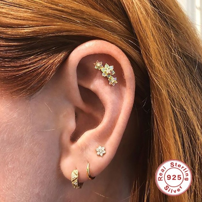 S925 Sterling Silver Three Flower Opal Inlaid Diamond Threaded Flat Head Piercing Stud Earrings Ear Cartilage European American Creative INS Ear Bone Stud