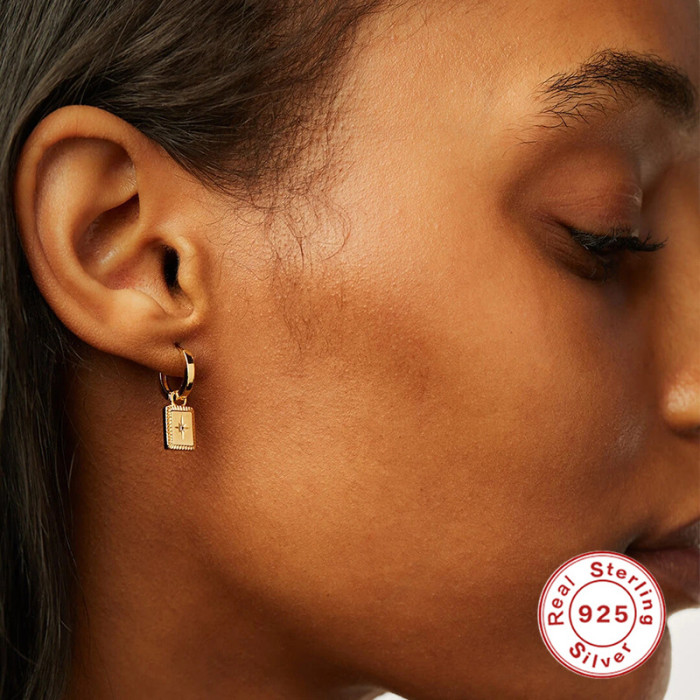 European and American Hot-Selling S925 Sterling Silver Geometric Star Square Pendant Earrings Hoop Cross-Border INS Inlaid Diamond Elegant Earrings