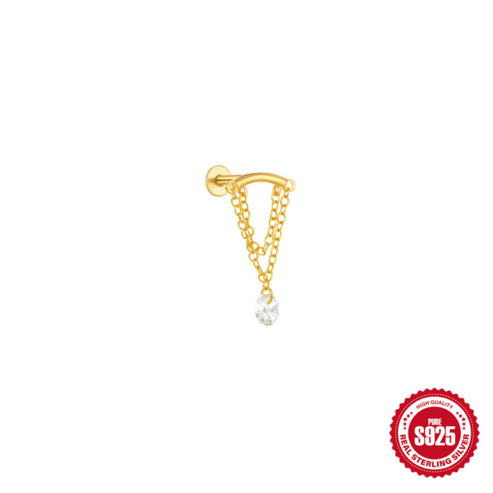 New 925 Sterling Silver Diamond-Studded Tassel Chain Flat Head Flat Bottom Piercing Ear Bone Stud European and American Hot-Selling Ins Style Ear Jewelry