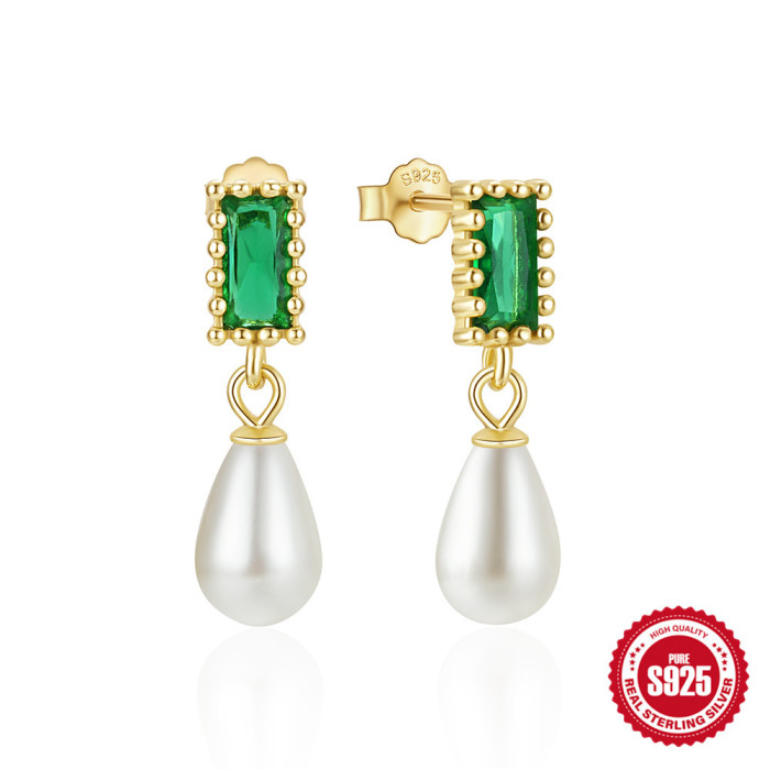 925 Sterling Silver Square Colorful Inlaid Diamond Pearl Earrings Studs European American French Style Light Luxury Elegant Super Shiny Earrings for Women