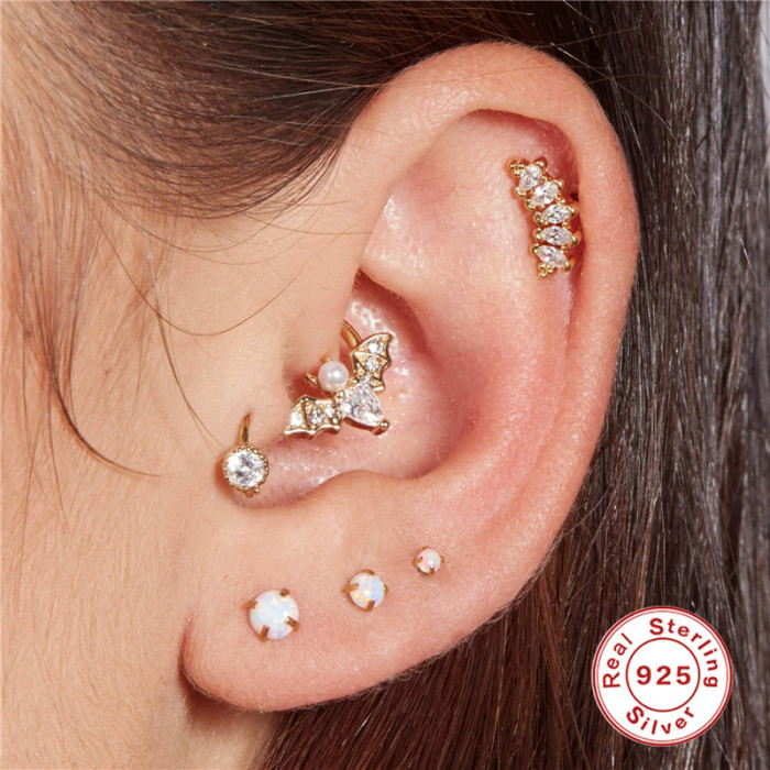 S925 Sterling Silver Fun Small Animal Bat Diamond-Studded Piercing Ear Bone Stud Cross-Border Hot-Selling INS Piercing Jewelry