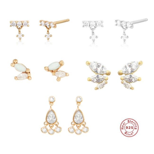 S925 Sterling Silver Minimalist Footprint T-shaped Inlaid Diamond Horse Eye Opal Stud Earrings Korean and Japanese Niche High-end Earrings for Women