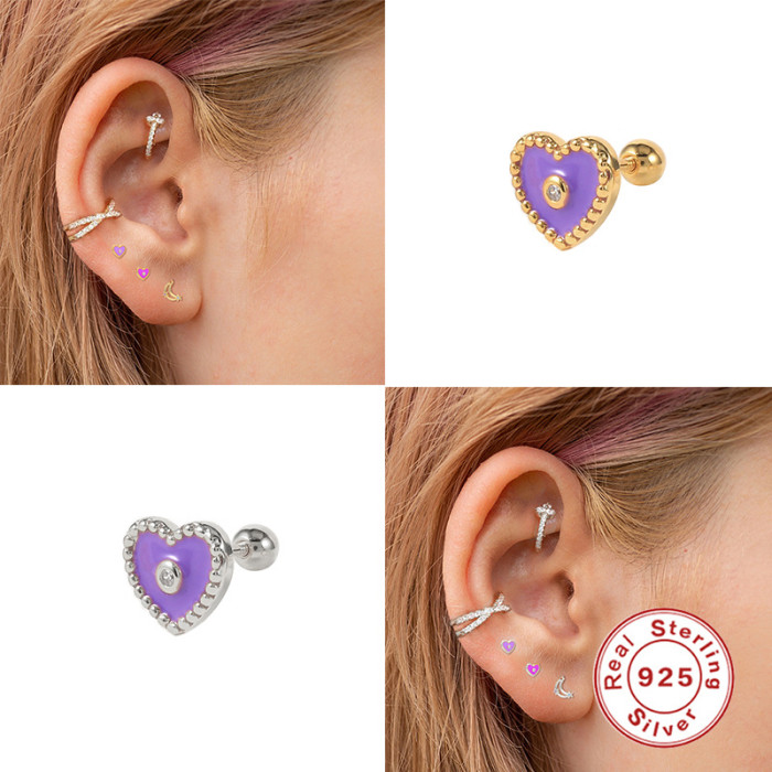 S925 Sterling Silver Single Spiral Piercing Heart Enamel Oil Drop Earrings European and American Fashion Personality Versatile Earrings