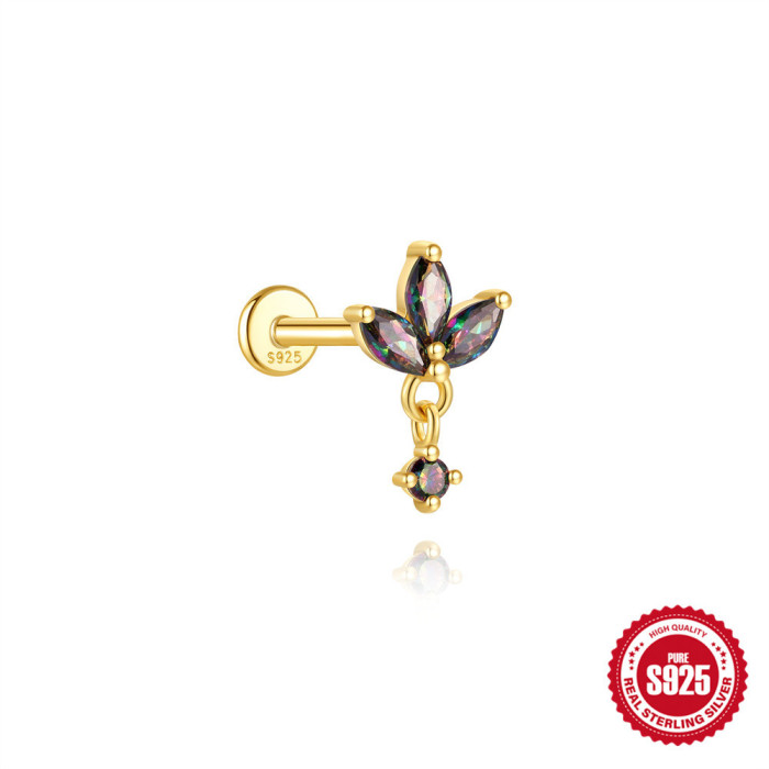 S925 Sterling Silver Ultra Shiny Rainbow Stone Flat Head Threaded Piercing Ear Bone Stud European and American French Style High-end Ear Jewelry