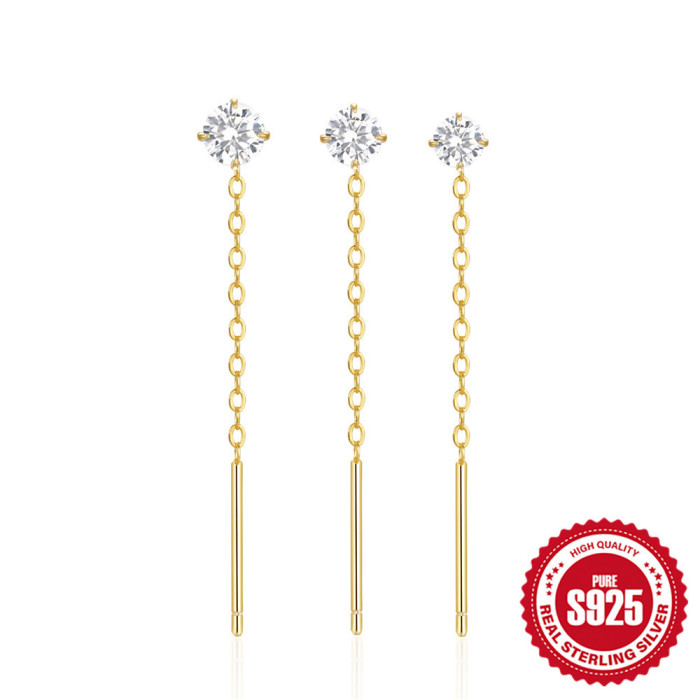 925 Sterling Silver Four-Prong Diamond Chain Tassel Earrings Ear Thread Earrings Set Japanese and Korean INS Minimalist Niche Earrings for Women