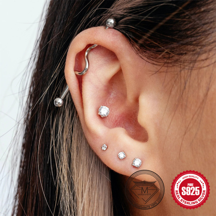S925 Sterling Silver Earrings European and American Fashion Personality Ins Style Four-Prong Moissanite Inlaid Diamond Earrings Sterling Silver Ear Jewelry Piercing