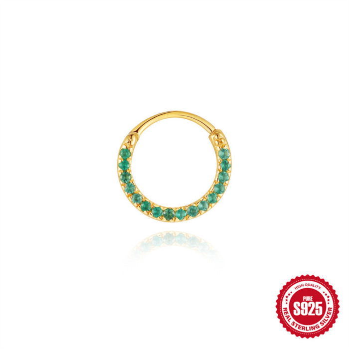 S925 Sterling Silver Natural Water Grass Agate Ear Cuff Hoop for Women, European and American Hot-Selling Geometric Diamond-Studded Opal Light Luxury Nose Ring