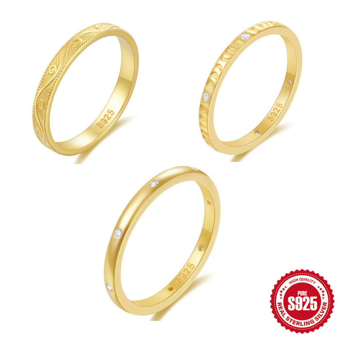 S925 Sterling Silver European and American Hot-Selling Ring for Women, Engraved Art Design, Diamond-Studded Classic Plain Band, Daily Wear Index Finger Ring