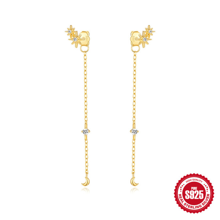 S925 Sterling Silver Fashion Star Moon Chain Earrings European and American Hot Selling Tassel Inlaid Diamond Eight-Pointed Star Stud Earrings for Women