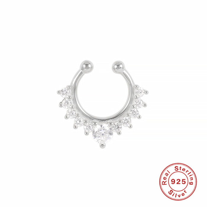 S925 Sterling Silver Diamond-Studded Fake Nose Ring C-Piercing Nose Jewelry European and American Fashion Trend Minimalist Style Nose Stud INS Style Accessories