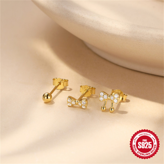S925 Sterling Silver Minimalist Round Ball Bowknot Inlaid Diamond Earrings Set Korean Version Niche Design Sense Elegant Earrings