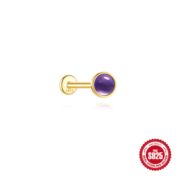 S925 Sterling Silver Light Luxury Natural Amethyst Flat Head Threaded Piercing Ear Bone Stud Korean Version Hot Selling Elegant High-end Earrings