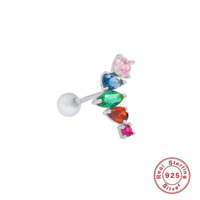 S925 Sterling Silver Creative Geometric Colorful Zircon Wing Threaded Piercing Ear Bone Stud European and American Hot-Selling Elegant Earrings