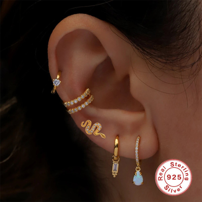 New S925 Sterling Silver Snake Stud Earrings with Diamonds and Threaded Piercing for Cartilage, European and American Style, INS Body Piercing Jewelry