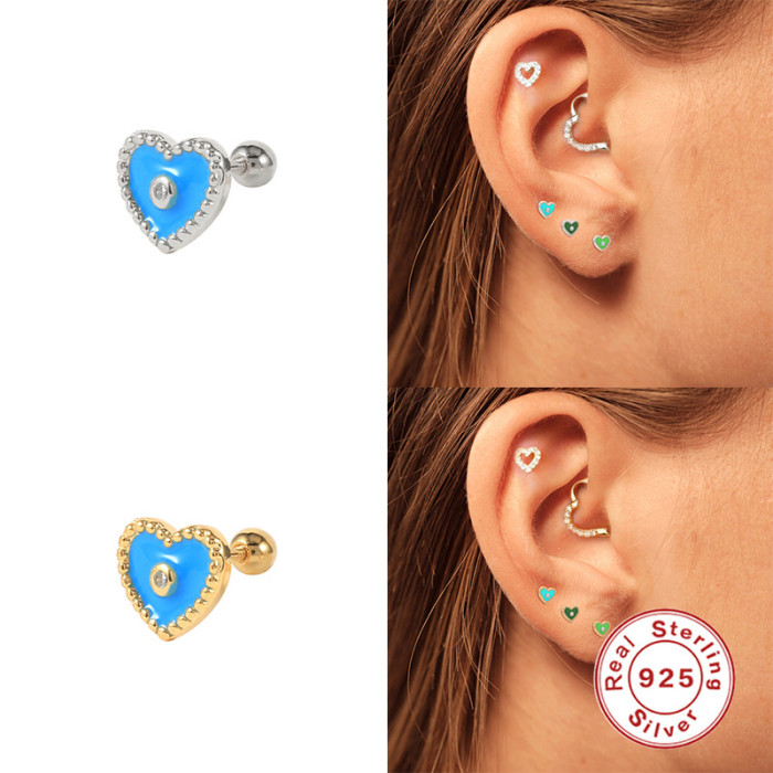 S925 Sterling Silver Single Spiral Piercing Heart Enamel Oil Drop Earrings European and American Fashion Personality Versatile Earrings
