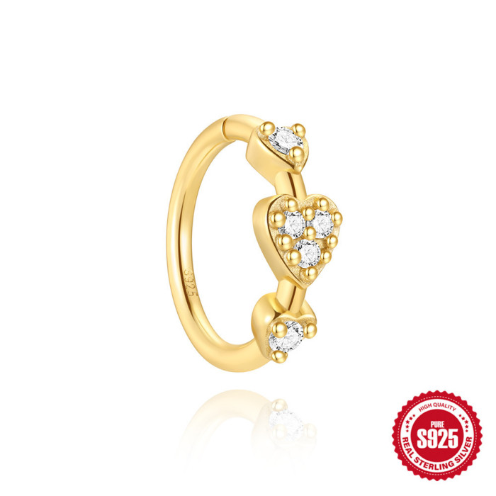 S925 Sterling Silver Heart Five-Pointed Star Inlaid Diamond Nose Ring Piercing Jewelry European and American Hot Sale Personality Bold Nose Hoop Nose Ring for Women