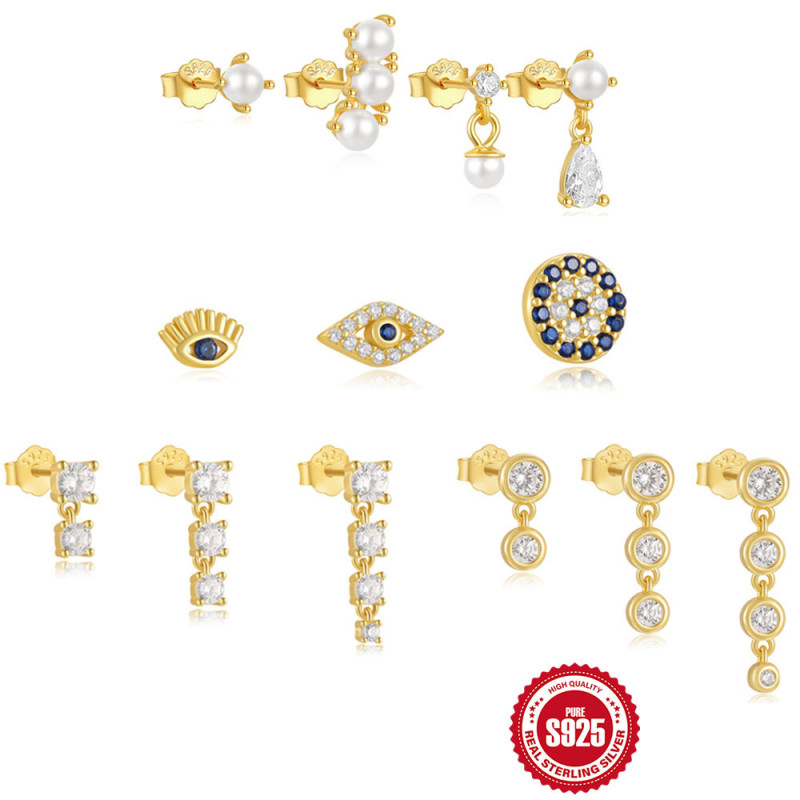 S925 Sterling Silver Various Devil's Eye Four-Claw Diamond Stud Earrings Set European and American Hot-Selling Pearl Earrings