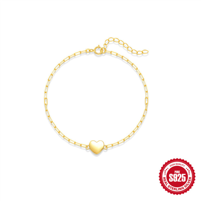 New S925 Sterling Silver Paperclip Chain Smooth Heart Bracelet Korean Style Niche High-end Elegant Everyday Versatile...