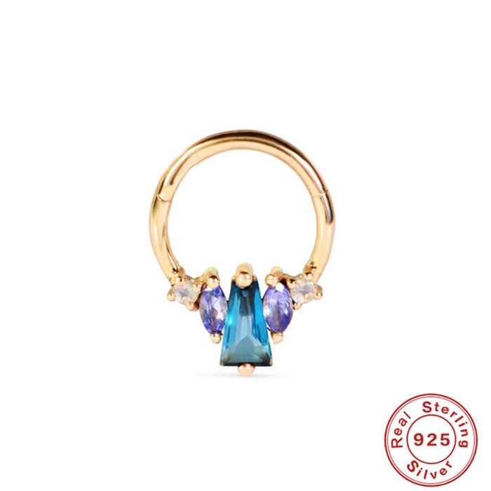 S925 Sterling Silver Body Piercing Cartilage Ear Lobe Colorful Nose Ring Cross-Border European and American Style Geometric Diamond-Studded Ear Bone Ring Ear Jewelry