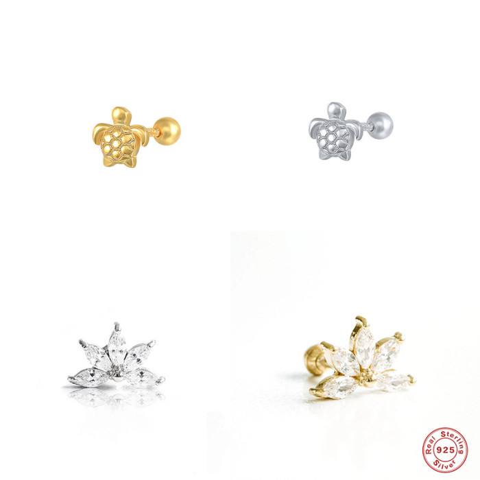 S925 Sterling Silver Diamond-Studded Marquise Piercing Threaded Earrings Korean and Japanese Internet Celebrity Creative Turtle Ins Body Piercing Ear Jewelry