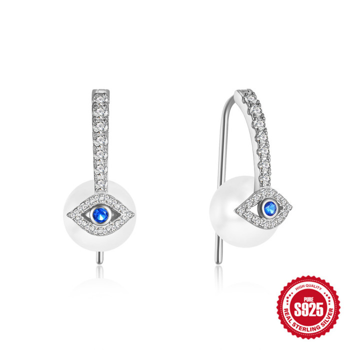 New 925 Sterling Silver Pearl Devil's Eye Earrings Ear Hooks European and American Hot Selling Diamond-encrusted High-end Design Earrings for Women